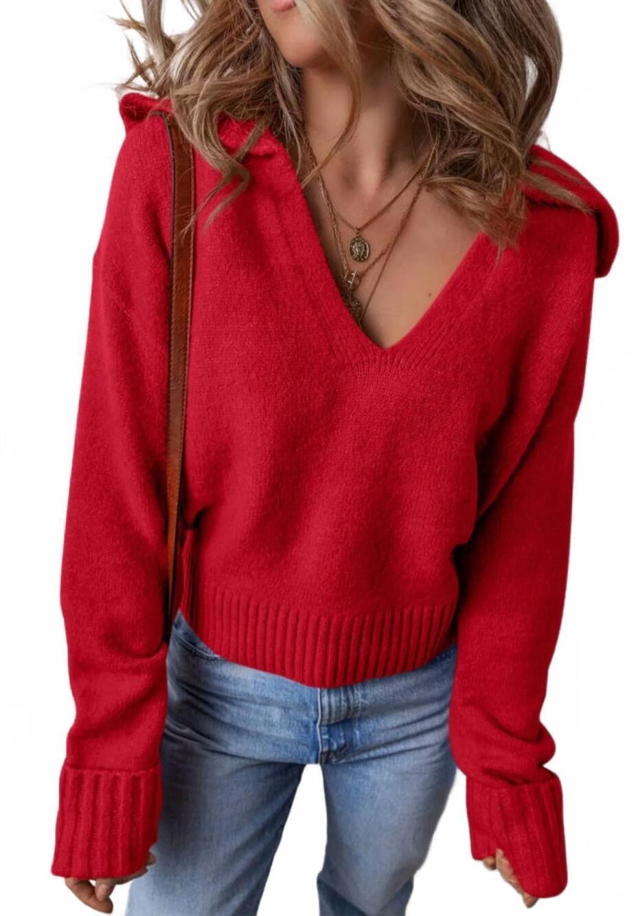 NEW THREADED PEAR edge pullover sweater in red